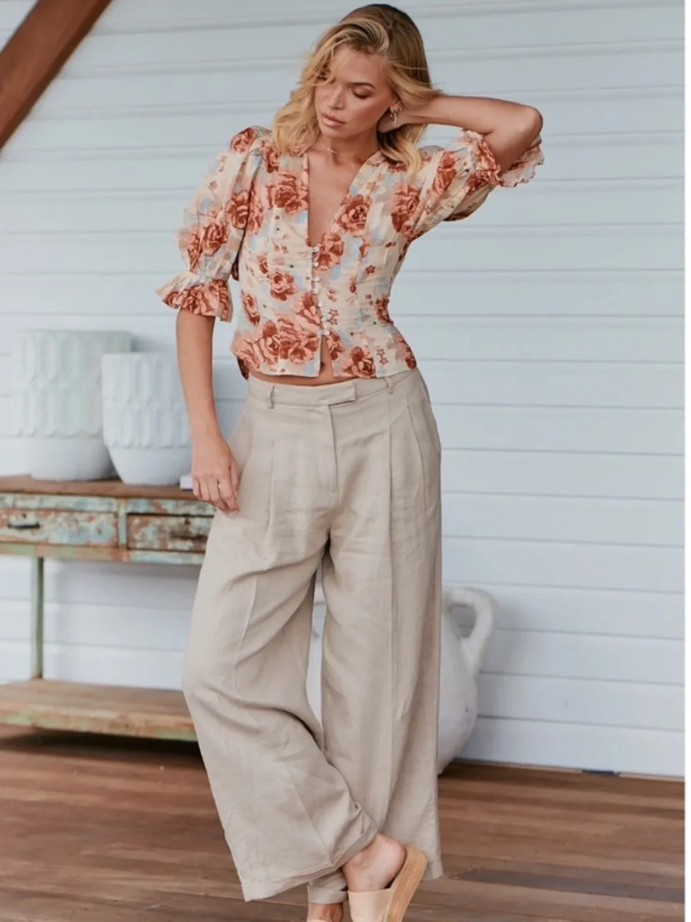 Free People I Found You Printed Top Boho Floral Puff Sleeve Blouse Cream size xs
